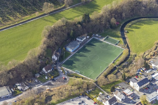 Aerial view, sports field Hüttenwiese at the river Röhr in Hachen, Sundern, Sauerland, North Rhine-Westphalia, Germany, DE, Europe, football field, aerial view, aerial photography, aerial photography, sports, sports facilities, sports field, sports facility, overview, bird's-eye view, overview