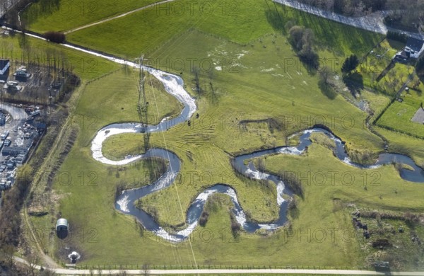 Aerial view, river Sorpe meander in Tiefenhagen near Hachen, Sundern, Sauerland, North Rhine-Westphalia, Germany, DE, Europe, shapes and colours, aerial view, aerial photography, aerial photography, overview, bird's-eye view, birds-eyes view, overview