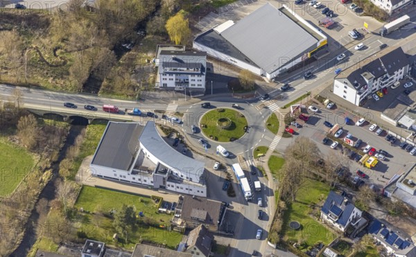 Aerial view, roundabout Hachener Straße and federal road 229, Hachen, Sundern, Sauerland, North Rhine-Westphalia, Germany, DE, shopping centre, Europe, green area, roundabout, roundabout, Küchenhaus Müller, aerial view, aerial photography, aerial photography, local supply centre, Netto shopping centre, overview, bird's-eye view, overview