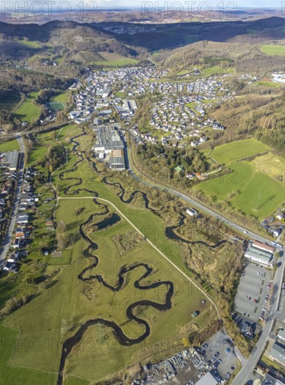 Aerial view, nature reserve Röhr, river Sorpe meander and river Röhr meander in Tiefenhagen near Hachen, Sundern, Sauerland, North Rhine-Westphalia, Germany, DE, Europe, aerial view, aerial photography, aerial photography, meander, nature reserve, overview, bird's-eye view, birds-eyes view, overview