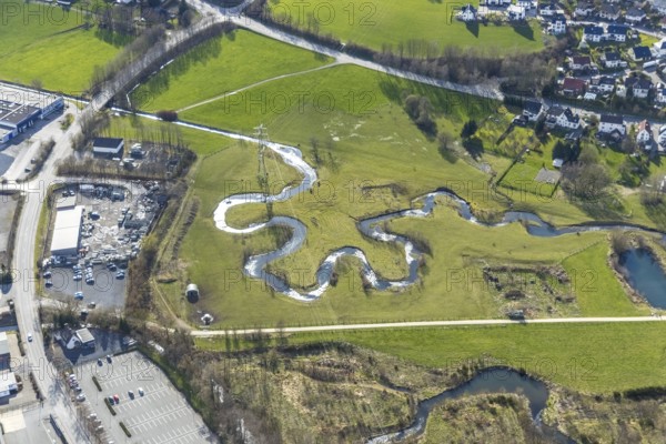 Aerial view, river Sorpe meander in Tiefenhagen near Hachen, Sundern, Sauerland, North Rhine-Westphalia, Germany, DE, Europe, shapes and colours, aerial view, aerial photography, aerial photography, overview, bird's-eye view, birds-eyes view, overview