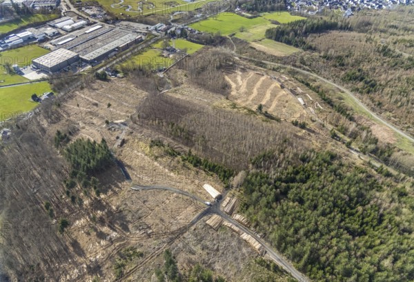 Aerial photo, forest damage in the forest area near Hachen, Sundern, Sauerland, North Rhine-Westphalia, Germany, tree dieback, DE, Europe, aerial photo, aerial photography, aerial photography, overview, bird's eye view, forest, forest area, forest damage, forest dieback, birds-eyes view, overview, spruce dieback, bark beetle plague, bark beetle damage, dead spruce, spruce clear-cut, clear-cutting, damaged wood
