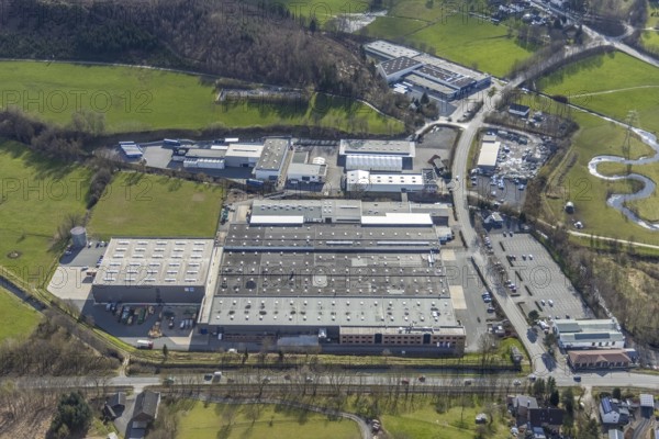 Aerial view, company premises Schulte Home GmbH in Tiefenhagen near Hachen, Sundern, Sauerland, North Rhine-Westphalia, Germany, Am Lindhövel, DE, Europe, commercial enterprises, commercial area, commercial site, commercial use, industrial area, industrial site, aerial photograph, aerial photography, aerial photography, overview, bird's-eye view, overview