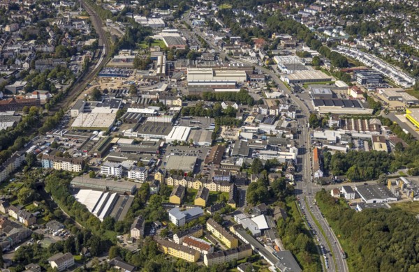 Aerial view, commercial area at Berliner Straße in the district Lindenberg in Schwelm, Ruhr area, North Rhine-Westphalia, Germany, DE, Europe, commercial enterprises, commercial area, commercial park, commercial location, commercial use, industrial area, industrial building, industrial location, aerial view, aerial photography, aerial photography, aerial photography, Schwelm, overview, bird's-eye view, bird's-eye view, overview