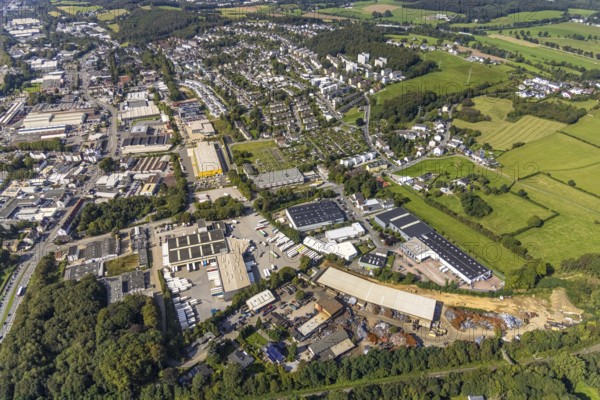 Aerial view, commercial area Berliner Straße and Prinzenstraße in the district Lindenberg in Schwelm, Ruhr area, North Rhine-Westphalia, Germany, DE, Europe, commercial enterprises, commercial area, commercial park, commercial location, commercial use, industrial area, industrial building, industrial location, aerial photograph, aerial photography, aerial photography, aerial photography, Schwelm, overview, bird's-eye view, birds-eyes view, overview