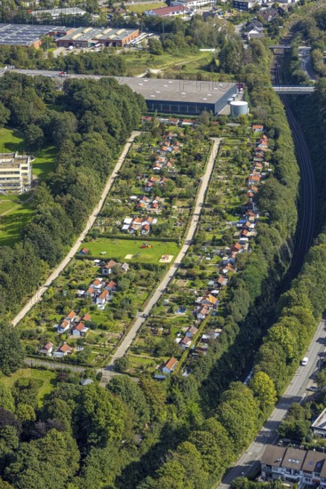 Aerial view, allotment garden association Schloss Martfeld in Schwelm, Ruhr area, North Rhine-Westphalia, Germany, DE, Europe, community garden, allotment garden, allotment garden site, allotment garden association, aerial view, aerial photography, aerial photography, allotment garden, Schwelm, overview, bird's-eye view, overview