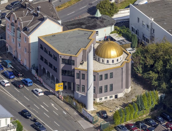 Aerial view, new mosque building, new building Diyanet-Turkish Islamic Cultural Association Schwelm in the district Loh in Schwelm, Ruhr area, North Rhine-Westphalia, Germany, construction work, construction area, construction site, building plots, construction project, construction site, DE, Europe, aerial view, aerial photography, aerial photography, new building, Schwelm, overview, bird's-eye view, overview
