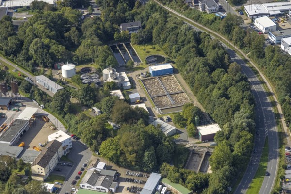 Aerial view, sewage treatment plant Schwelm in the district Loh in Schwelm, Ruhr area, North Rhine-Westphalia, Germany, DE, Europe, sewage treatment plant, aerial view, aerial photography, aerial photography, Schwelm, overview, bird's-eye view, overview
