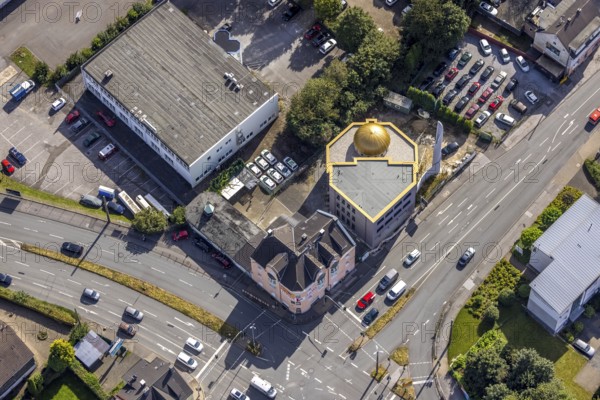 Aerial view, new building Diyanet-Turkish Islamic Cultural Association Schwelm in the district Loh in Schwelm, Ruhr area, North Rhine-Westphalia, Germany, construction work, construction area, building site, building plots, construction project, construction site, DE, Europe, aerial view, aerial photography, aerial photography, new building, Schwelm, overview, bird's-eye view, overview