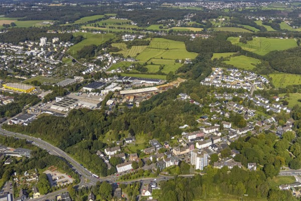 Aerial view, commercial area Berliner Straße and Prinzenstraße in the district Lindenberg in Schwelm, Ruhr area, North Rhine-Westphalia, Germany, DE, Europe, commercial enterprises, commercial area, commercial park, commercial location, commercial use, industrial area, industrial building, industrial location, aerial photograph, aerial photography, aerial photography, aerial photography, Schwelm, overview, bird's-eye view, birds-eyes view, overview