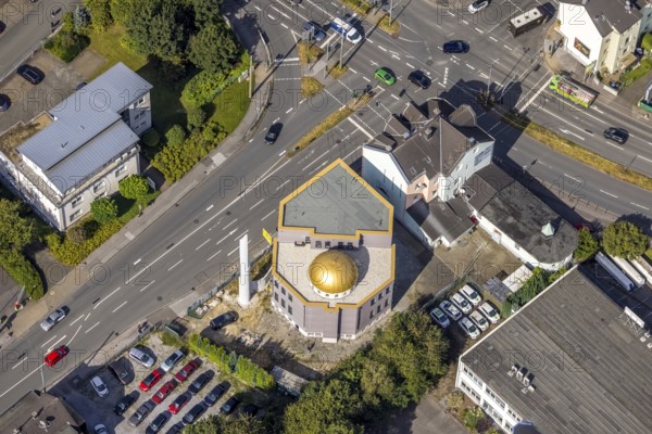 Aerial view, new mosque building, new building Diyanet-Turkish Islamic Cultural Association Schwelm in the district Loh in Schwelm, Ruhr area, North Rhine-Westphalia, Germany, construction work, construction area, construction site, building plots, construction project, construction site, DE, Europe, aerial view, aerial photography, aerial photography, new building, Schwelm, overview, bird's-eye view, overview