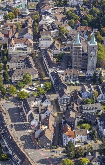 Aerial view, church tower renovation of the evang. Christuskirche in Schwelm, Ruhr area, North Rhine-Westphalia, Germany, place of worship, construction work, construction area, construction site, construction measure, construction project, construction site, DE, Europe, religious community, place of worship, holy place, church, parish, church towers, denomination, aerial view, aerial photography, aerial photography, religion, religious site, renovation, renovation, Schwelm, tower, overview, cladding, bird's eye view, birds-eyes view, overview