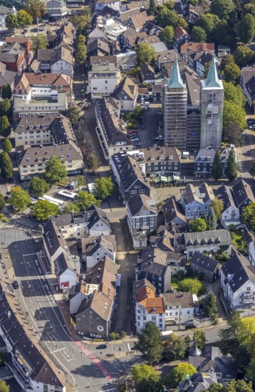 Aerial view, church tower renovation of the evang. Christuskirche in Schwelm, Ruhr area, North Rhine-Westphalia, Germany, place of worship, construction work, construction area, construction site, construction measure, construction project, construction site, DE, Europe, religious community, place of worship, holy place, church, parish, church towers, denomination, aerial view, aerial photography, aerial photography, religion, religious site, renovation, renovation, Schwelm, tower, overview, cladding, bird's eye view, birds-eyes view, overview