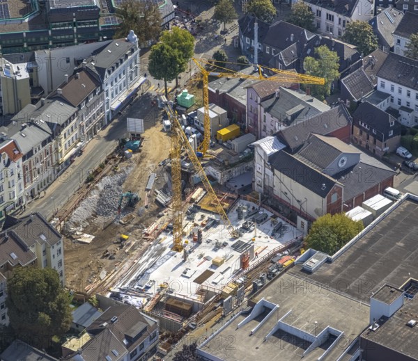 Aerial view, construction site and new building between Neumarkt and Schulstraße in Schwelm, Ruhr area, North Rhine-Westphalia, Germany, construction work, construction area, construction site, building plots, construction crane, construction project, construction site, DE, Europe, aerial view, aerial photography, aerial photography, new building, Schwelm, overview, bird's-eye view, overview