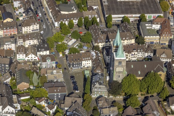 Aerial view, church tower renovation of the evang. Christuskirche and Altmarkt in Schwelm, Ruhr area, North Rhine-Westphalia, Germany, place of worship, construction work, construction area, construction site, construction measure, construction project, construction site, DE, Europe, religious community, place of worship, holy place, church, parish, church towers, denomination, aerial view, aerial photography, aerial photography, religion, religious site, renovation, redevelopment, Schwelm, tower, overview, cladding, bird's-eye view, overview