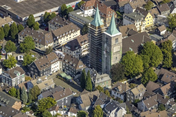 Aerial view, church tower renovation of the evang. Christuskirche and Altmarkt in Schwelm, Ruhr area, North Rhine-Westphalia, Germany, place of worship, construction work, construction area, construction site, construction measure, construction project, construction site, DE, Europe, religious community, place of worship, holy place, church, parish, church towers, denomination, aerial view, aerial photography, aerial photography, market place, religion, religious site, renovation, redevelopment, Schwelm, tower, overview, cladding, bird's-eye view, overview