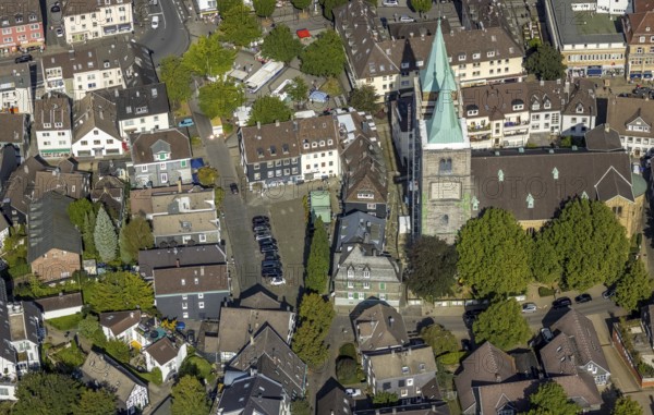 Aerial view, church tower renovation of the evang. Christuskirche and Altmarkt in Schwelm, Ruhr area, North Rhine-Westphalia, Germany, place of worship, construction work, construction area, construction site, construction measure, construction project, construction site, DE, Europe, religious community, place of worship, holy place, church, parish, church towers, denomination, aerial view, aerial photography, aerial photography, religion, religious site, renovation, redevelopment, Schwelm, tower, overview, cladding, bird's-eye view, overview