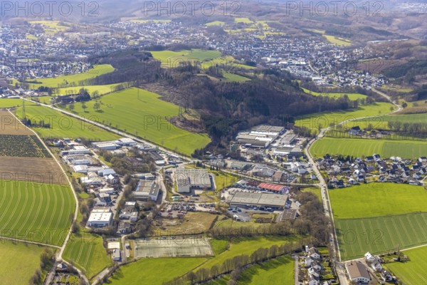 Aerial view, commercial area Selschede, Hanns-Martin-Schleyer-Straße, Westenfeld, Sundern, Sauerland, North Rhine-Westphalia, Germany, DE, Europe, football ground, commercial enterprises, commercial area, commercial site, commercial use, industrial area, industrial site, aerial photograph, aerial photography, aerial photography, sports, sports facilities, sports site, overview, bird's-eye view, birds-eyes view, overview