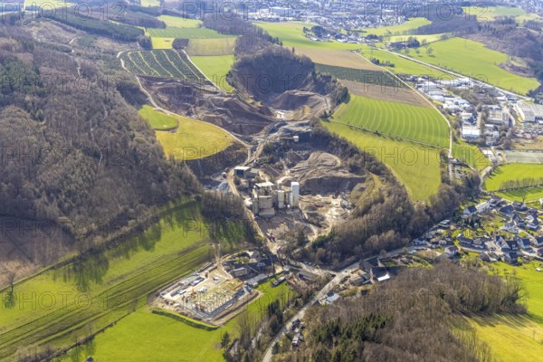 Aerial view, Westenfeld quarry, German asphalt asphalt mixing plant, construction site new building, Westenfeld, Sundern, Sauerland, North Rhine-Westphalia, Germany, construction work, construction area, construction site, building plots, construction project, construction site, DE, Europe, aerial view, aerial photography, aerial photography, new building, quarry, overview, bird's-eye view, overview