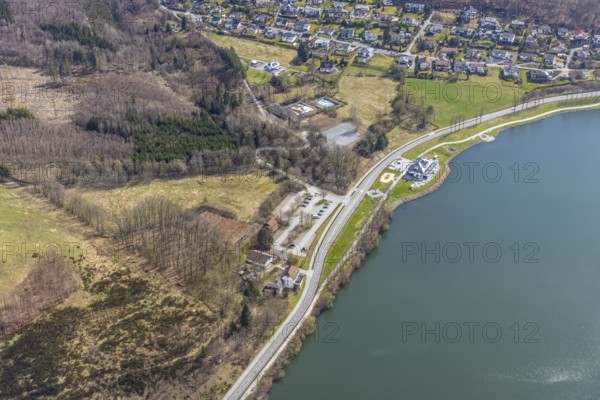 Aerial view, gastronomy home harbour at the lakeside promenade Seestraße, forest damage in the forest area at the Sorpesee, Amecke, Sundern, Sauerland, North Rhine-Westphalia, Germany, tree death, beer garden, bistro, café, DE, Europe, gastronomy, aerial photography, aerial photography, aerial photography, restaurant, lake, Sorpetalsperre, overview, bird's-eye view, forest area, forest dieback, birds-eyes view, overview, spruce dieback, bark beetle plague, bark beetle damage, dead spruce, spruce clear-cut, clear-cutting, damaged wood