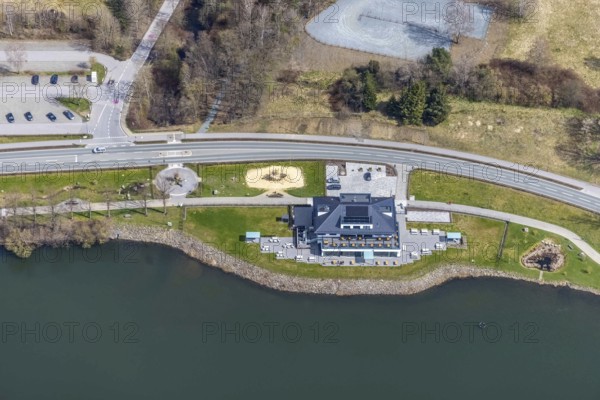 Aerial view, gastronomy home harbour at the lakeside promenade Seestraße, Sorpesee, Amecke, Sundern, Sauerland, North Rhine-Westphalia, Germany, beer garden, bistro, café, DE, Europe, gastronomy, aerial view, aerial photography, aerial photography, restaurant, lake, Sorpetalsperre, overview, bird's-eye view, overview
