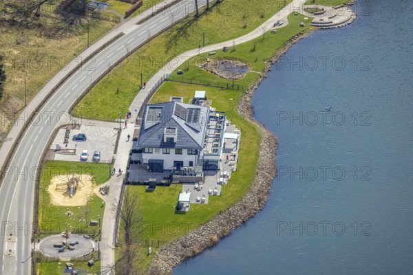 Aerial view, gastronomy home harbour at the lakeside promenade Seestraße, Sorpesee, Amecke, Sundern, Sauerland, North Rhine-Westphalia, Germany, beer garden, bistro, café, DE, Europe, gastronomy, aerial view, aerial photography, aerial photography, restaurant, lake, Sorpetalsperre, overview, bird's-eye view, overview