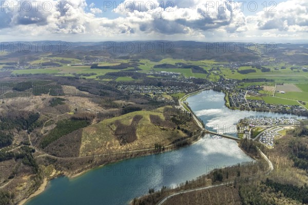 Aerial photo, forest damage in the forest area at Sorpesee, Amecke, Sundern, Sauerland, North Rhine-Westphalia, Germany, tree mortality, DE, Europe, hilly landscape, aerial photo, aerial photography, aerial photography, lake, Sorpe dam, overview, bird's-eye view, forest, forest area, forest damage, forest mortality, birds-eyes view, overview, spruce mortality, bark beetle plague, bark beetle damage, dead spruce, spruce clear-cut, clear-cutting, damaged wood