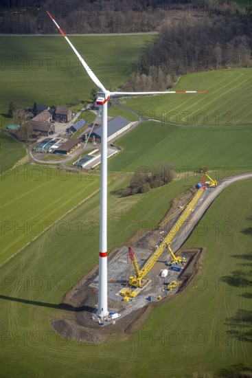 Aerial photo, construction site and new construction of a wind power plant, Hövel, Sundern, Sauerland, North Rhine-Westphalia, Germany, DE, Europe, aerial photo, aerial photography, aerial photography, overview, bird's-eye view, WEA, wind energy, wind turbine, wind power, wind power plant, wind turbines, birds-eyes view, overview