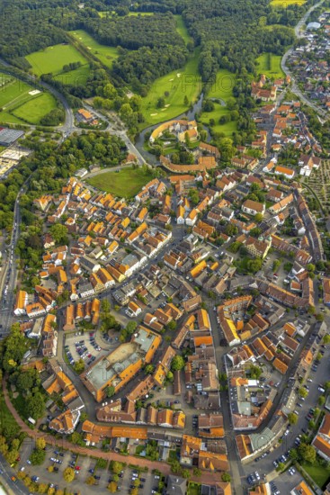 Aerial view, Burgsteinfurt Castle, also known as Steinfurt Castle, in the Burgsteinfurt district of Steinfurt, Münsterland, North Rhine-Westphalia, Germany, castle, castle complex, DE, Europe, moat, aerial photograph, aerial photography, aerial photography, castle, castle complex, Steinfurt, Steinfurter Aa, overview, bird's eye view, moated castle, moated moat, moated castle, bird's eye view, overview