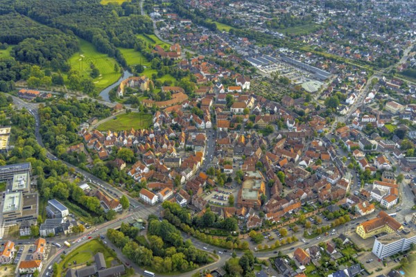 Aerial view, Burgsteinfurt Castle, also known as Steinfurt Castle, in the Burgsteinfurt district of Steinfurt, Münsterland, North Rhine-Westphalia, Germany, castle, castle complex, DE, Europe, moat, aerial photograph, aerial photography, aerial photography, castle, castle complex, Steinfurt, Steinfurter Aa, overview, bird's eye view, moated castle, moated moat, moated castle, bird's eye view, overview