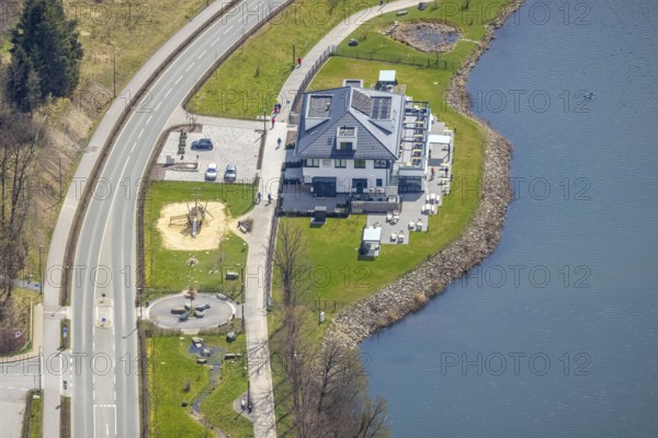 Aerial view, gastronomy home harbour at the lakeside promenade Seestraße, Sorpesee, Amecke, Sundern, Sauerland, North Rhine-Westphalia, Germany, beer garden, bistro, café, DE, Europe, gastronomy, aerial view, aerial photography, aerial photography, restaurant, lake, Sorpetalsperre, overview, bird's-eye view, overview