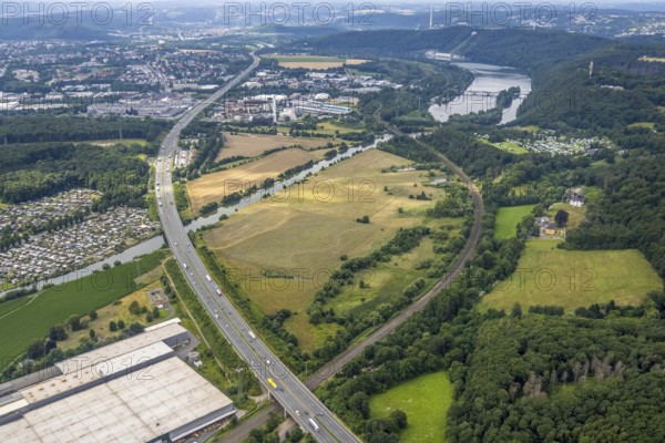Aerial view, motorway A1 near Hagen and Schwerte, a week ago there was still land under water at this point - the Ruhr was flooding, course of the Ruhr, Westhofen, Schwerte, Ruhr area, North Rhine-Westphalia, Germany, DE, Europe, birds-eyes view, aerial view, aerial photography, overview, bird's eye view