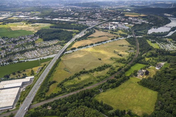Aerial view, motorway A1 near Hagen and Schwerte, a week ago there was still land under water at this point - the Ruhr was flooding, course of the Ruhr, Westhofen, Schwerte, Ruhr area, North Rhine-Westphalia, Germany, DE, Europe, birds-eyes view, aerial view, aerial photography, overview, bird's eye view