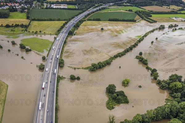 Aerial photo, Ruhr flood, Ruhr bridge of the Sauerland line A45, motorway bridge A45, Wandhofen, Schwerte, Ruhr area, North Rhine-Westphalia, Germany, DE, Europe, birds-eyes view, aerial photo, aerial photography, aerial photography, overview, bird's eye view
