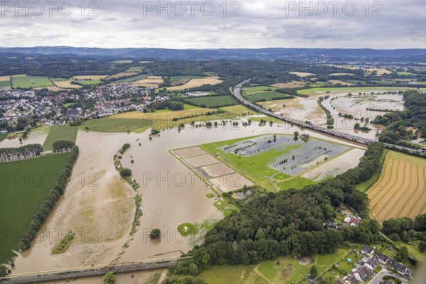 Aerial photo, Ruhr flood, Ruhr bridge of the Sauerland line A45, motorway bridge A45, Wandhofen, Schwerte, Ruhr area, North Rhine-Westphalia, Germany, DE, Europe, birds-eyes view, aerial photo, aerial photography, aerial photography, overview, bird's eye view