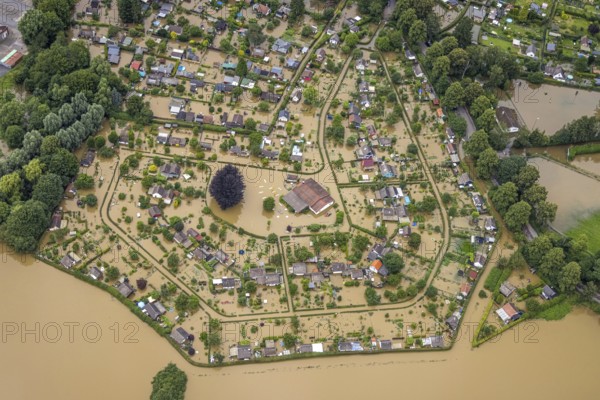 Aerial view, Ruhr flood, flooded campsite, Amsel restaurant on the Ruhr Valley cycle path in Schwerte, Schwerte, Ruhr area, North Rhine-Westphalia, Germany, DE, Europe, birds-eyes view, aerial view, aerial photography, aerial photography, overview, bird's eye view, in front of and after