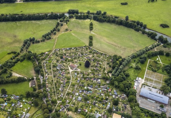 Aerial view, allotment garden site in the south of Schwerte, a week ago there was still land under water at this point - the Ruhr was flooding, course of the Ruhr, Wandhofen, Schwerte, Ruhr area, North Rhine-Westphalia, Germany, DE, Europe, birds-eyes view, aerial view, aerial photography, aerial photography, overview, bird's eye view