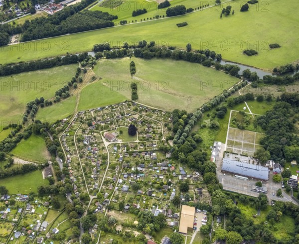 Aerial view, allotment garden site in the south of Schwerte, a week ago there was still land under water here - the Ruhr was flooding, course of the Ruhr, Wandhofen, Schwerte, Ruhr area, North Rhine-Westphalia, Germany, DE, Europe, birds-eyes view, aerial view, aerial photography, aerial photography, overview, bird's eye view, in front of and after