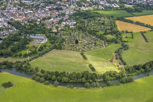 Aerial view, allotment garden site in the south of Schwerte, a week ago there was still land under water at this point - the Ruhr was flooding, course of the Ruhr, Wandhofen, Schwerte, Ruhr area, North Rhine-Westphalia, Germany, DE, Europe, birds-eyes view, aerial view, aerial photography, aerial photography, overview, bird's eye view