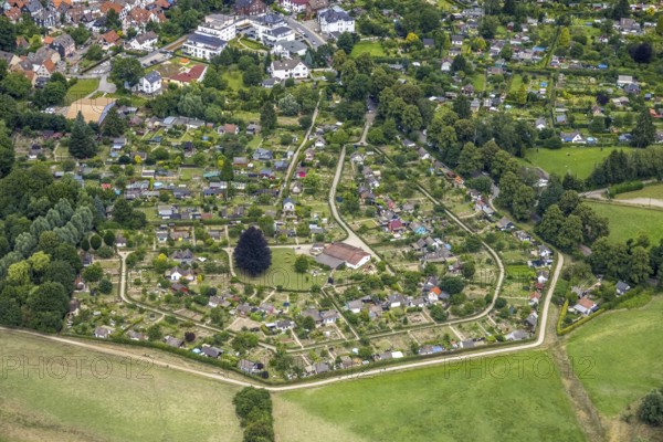 Aerial view, allotment garden site in the south of Schwerte, a week ago there was still land under water here - the Ruhr was flooding, course of the Ruhr, Wandhofen, Schwerte, Ruhr area, North Rhine-Westphalia, Germany, DE, Europe, birds-eyes view, aerial view, aerial photography, aerial photography, overview, bird's eye view, in front of and after