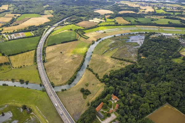 Aerial view, motorway A45 Sauerlandlinie with Ruhr bridge, a week ago the Ruhr was flooded, course of the Ruhr, Wandhofen, Schwerte, Ruhr area, North Rhine-Westphalia, Germany, DE, Europe, birds-eyes view, aerial view, aerial photography, aerial photography, overview, bird's eye view