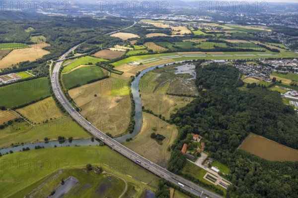 Aerial view, motorway A45 Sauerlandlinie with Ruhr bridge, a week ago the Ruhr was flooded, course of the Ruhr, Wandhofen, Schwerte, Ruhr area, North Rhine-Westphalia, Germany, DE, Europe, birds-eyes view, aerial view, aerial photography, aerial photography, overview, bird's eye view