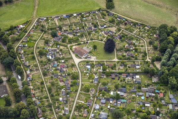 Aerial view, allotment garden site in the south of Schwerte, a week ago there was still land under water at this point - the Ruhr was flooding, course of the Ruhr, Wandhofen, Schwerte, Ruhr area, North Rhine-Westphalia, Germany, DE, Europe, birds-eyes view, aerial view, aerial photography, aerial photography, overview, bird's eye view