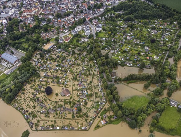 Aerial photo, Ruhr flood, flooded campsite Amsel restaurant on the Ruhr Valley cycle path in Schwerte, Schwerte, Ruhr area, North Rhine-Westphalia, Germany, DE, Europe, birds-eyes view, aerial photo, aerial photography, aerial photography, overview, bird's eye view