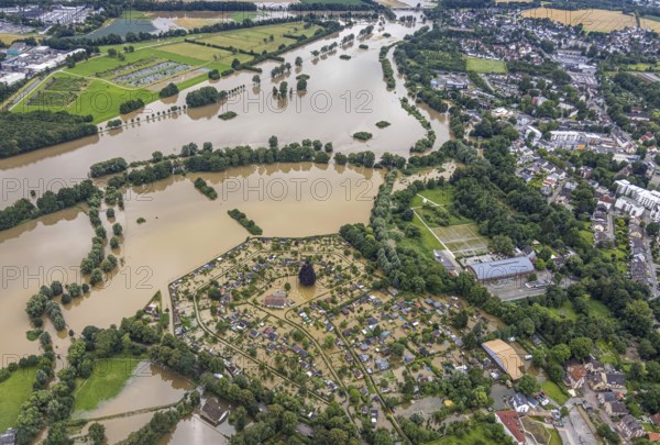 Aerial view, Ruhr flood, flooded campsite, Amsel restaurant on the Ruhr Valley cycle path in Schwerte, Schwerte, Ruhr area, North Rhine-Westphalia, Germany, DE, Europe, birds-eyes view, aerial view, aerial photography, aerial photography, overview, bird's eye view, in front of and after