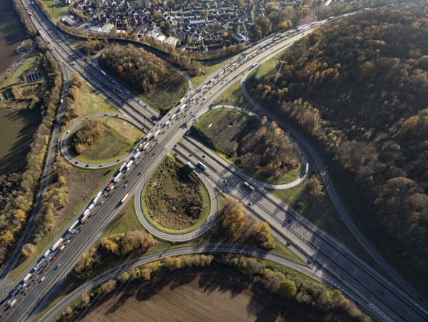 Aerial view, Westhofener Kreuz of the A1 motorway and A45 motorway in the Westhofen district of Schwerte, Ruhr area, North Rhine-Westphalia, Germany, motorway, motorway bridge, motorway junction, DE, Europe, shapes and colours, aerial view, aerial photography, aerial photography, Schwerte, traffic jam, road traffic, road traffic, overview, traffic volume, traffic jam, bird's eye view, birds-eyes view, overview
