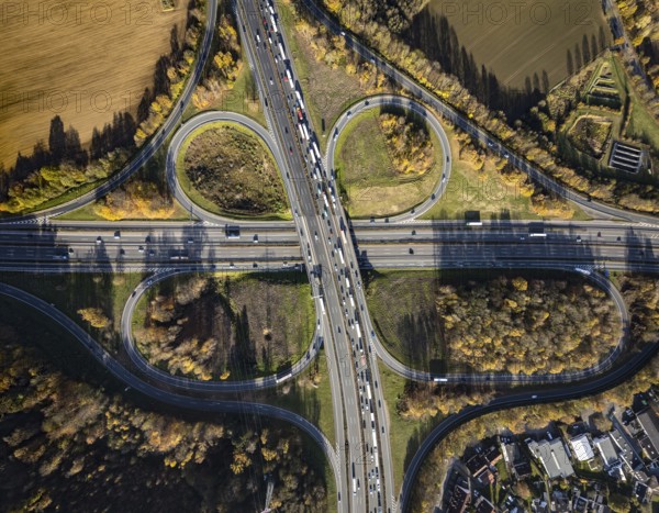 Aerial view, Westhofener Kreuz of the A1 motorway and A45 motorway in the Westhofen district of Schwerte, Ruhr area, North Rhine-Westphalia, Germany, motorway, motorway bridge, motorway junction, DE, Europe, shapes and colours, aerial view, aerial photography, aerial photography, Schwerte, traffic jam, road traffic, road traffic, overview, traffic volume, traffic jam, bird's eye view, birds-eyes view, overview