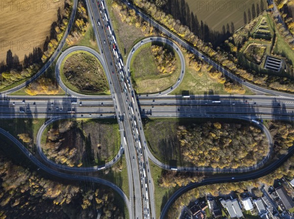 Aerial view, Westhofen interchange of the A1 motorway and A45 motorway in the Westhofen district of Schwerte, Ruhr area, North Rhine-Westphalia, Germany, motorway, motorway junction, DE, Europe, shapes and colours, aerial view, aerial photography, aerial photography, Schwerte, traffic jam, road traffic, road traffic, overview, traffic volume, traffic jam, bird's eye view, birds-eyes view, overview