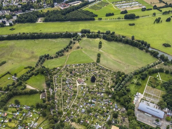 Aerial view, allotment garden site in the south of Schwerte, a week ago there was still land under water at this point - the Ruhr was flooding, course of the Ruhr, Wandhofen, Schwerte, Ruhr area, North Rhine-Westphalia, Germany, DE, Europe, birds-eyes view, aerial view, aerial photography, aerial photography, overview, bird's eye view