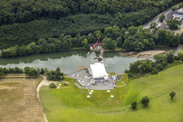 Aerial view, a week ago there was land under water at this point - the Ruhr was flooding, course of the Ruhr, Geisecke, Schwerte, Ruhr area, North Rhine-Westphalia, Germany, DE, Europe, birds-eyes view, aerial photograph, aerial photography, aerial photography, overview, bird's eye view